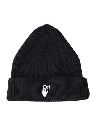 Shop Off-white Off White Hands Off Ribbed-knit Beanie In Black