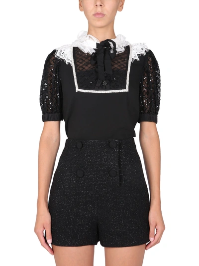 Shop Self-portrait Top With Ruffled Collar In Nero