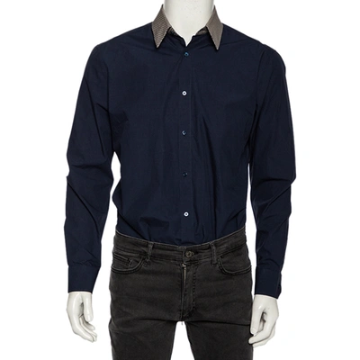 Pre-owned Fendi Navy Blue Cotton Zucca Monogram Collar Detail Shirt Xl