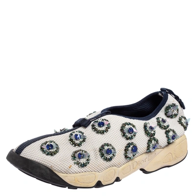 Pre-owned Dior White/navy Blue Mesh Fusion Embellished Slip On Sneakers Size 39