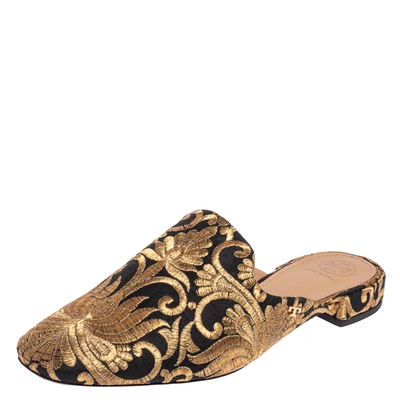 Pre-owned Tory Burch Gold/black Fabric Carlotta Embroidered Mules Size   | ModeSens