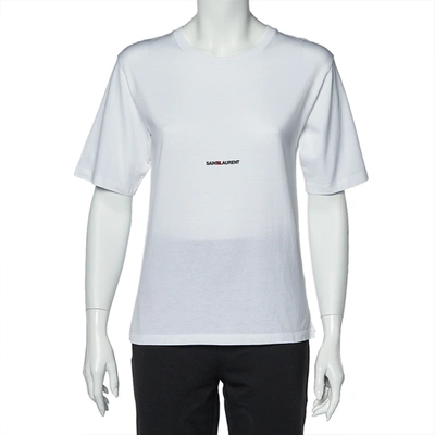Pre-owned Saint Laurent White Logo Print Cotton Round Neck T-shirt Xs