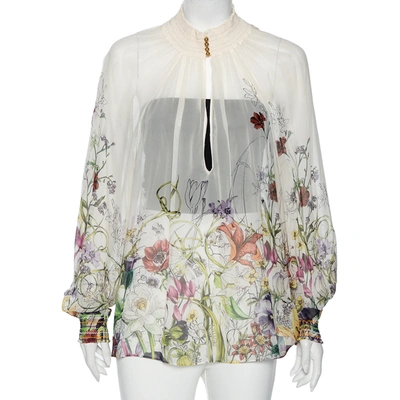 Pre-owned Gucci White Floral Print Crepe Silk Blouse S