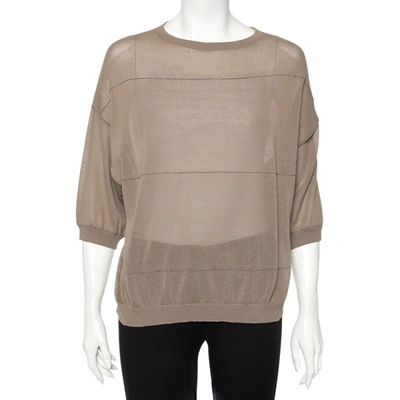 Pre-owned Brunello Cucinelli Light Brown Knit Embellished Detail Oversized Top M