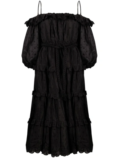 Shop Zimmermann Black Polka Dot Off-shoulder Midi Dress
