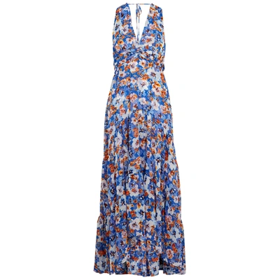 Shop Misa Dominika Floral-print Chiffon Maxi Dress In Blue