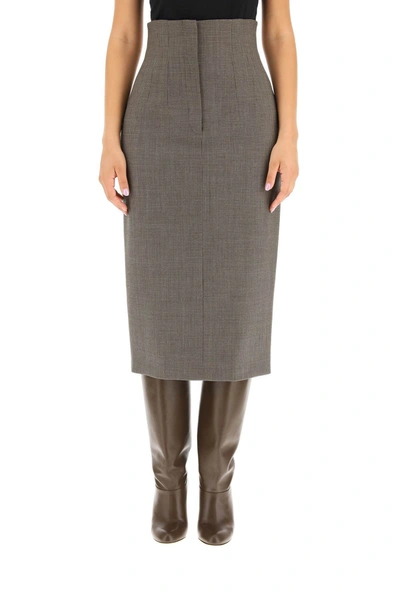 Shop Fendi High Waisted Midi Skirt In Wool In Brown