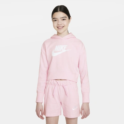 Shop Nike Sportswear Club Big Kids' French Terry Cropped Hoodie In Pink Foam,white