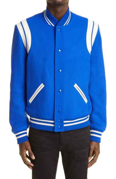 Shop Saint Laurent Wool Blend Bomber Jacket In Blue White