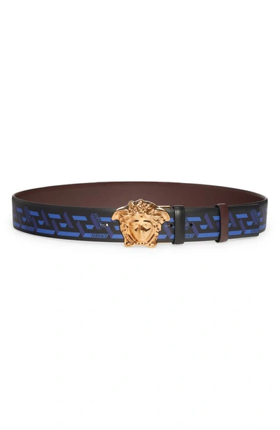 Versace La Medusa 3d Greca Print Reversible Leather Belt In Blue Black Gold  | ModeSens