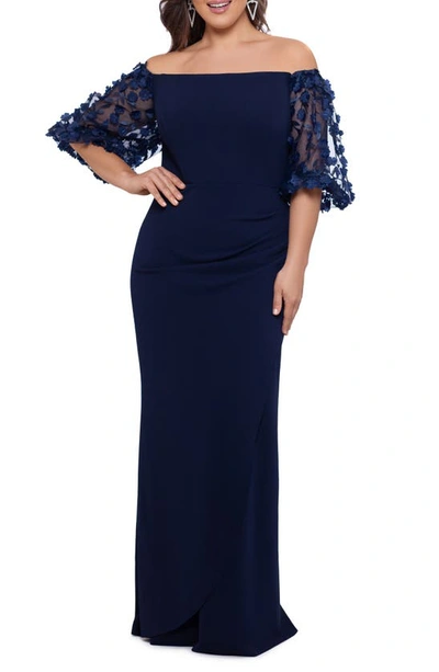 Shop Xscape 3-d Floral Sleeve Off The Shoulder Gown In Navy