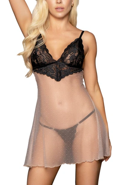 Shop Mapalé Babydoll Chemise & Thong Set In Nude/ Black