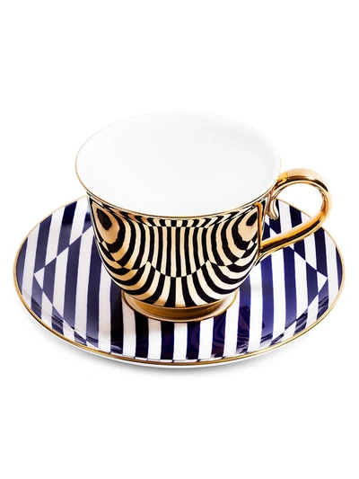 Shop Richard Brendon The Superstripe Tea Saucer & Gold Teacup In Navy White Gold