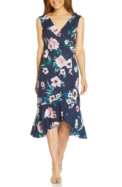 Shop Adrianna Papell Floral Print Ruffle Midi Dress In Navy Multi