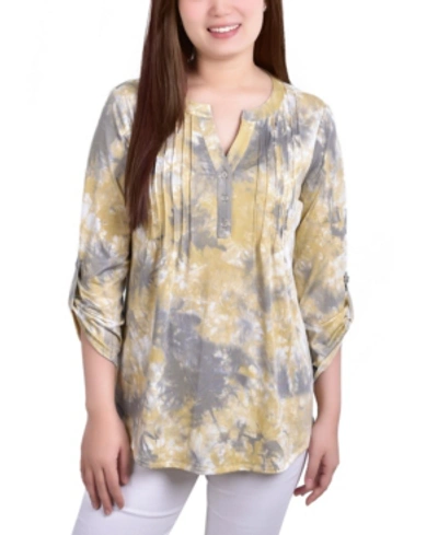 Shop Ny Collection Women's Knit Jacquard 3/4 Sleeve Roll Tab Top In Yellow Tiedye