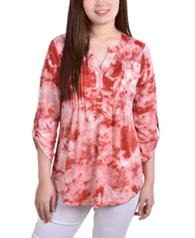 Ny Collection Petite Knit Jacquard 3/4 Sleeve Roll Tab Pintuck Top In Poppy Red Tiedye