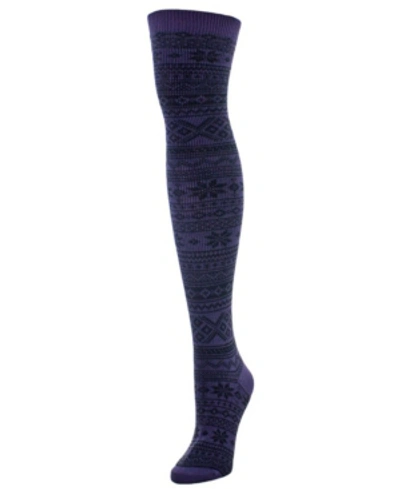 Shop Memoi Women's Snow Flakes Stripes Over The Knee Socks In Dark Purple