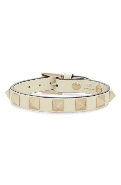 Shop Valentino Rockstud Leather Bracelet In Light Ivory
