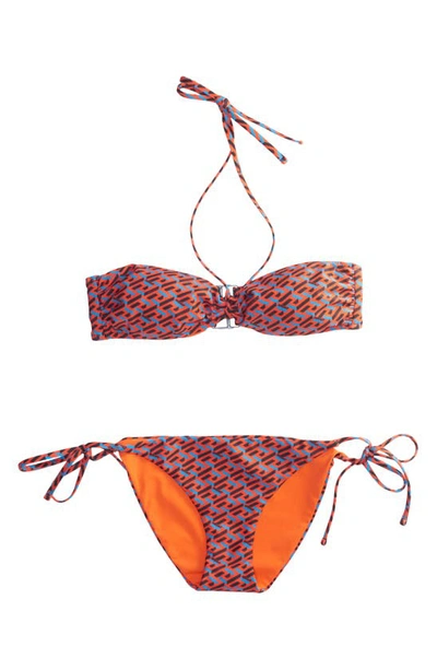 Shop Versace La Greca Monogram Print Halter Bikini Top In 5r080 Orange Peel Regal Blue