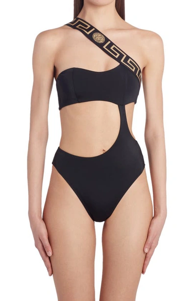 Shop Versace La Greca Logo One-piece Swimsuit In Black