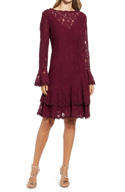 Shop Shani Long Sleeve Tiered Lace Dress In Wine