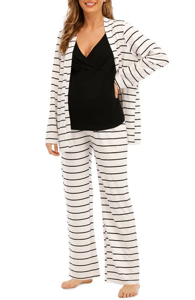 Shop Savi Mom Riviera Tank, Pants & Robe Maternity Set In Black/ White Stripes