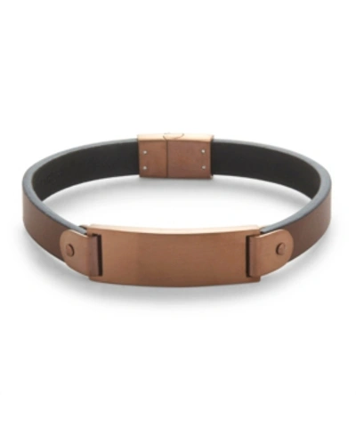 Shop Eve's Jewelry Men's Brushed Brown Stainless Steel Leather Id Bracelet In Brown Leather - Brown Plate - Stainless Steel