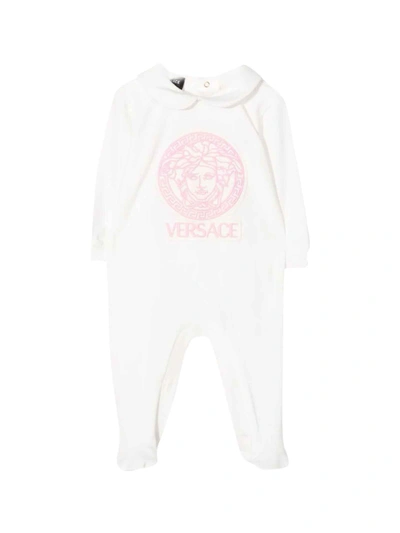 Shop Versace Young Newborn White Onesie In Bianco/rosa