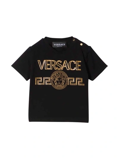 Shop Versace Young Newborn Black T-shirt In Nero/oro