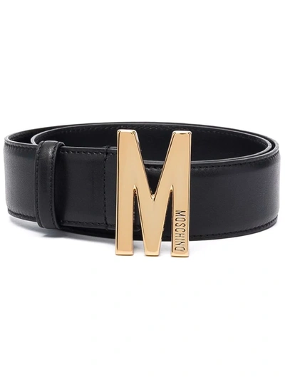 Shop Moschino Monogram Plaque Leather Belt In Schwarz