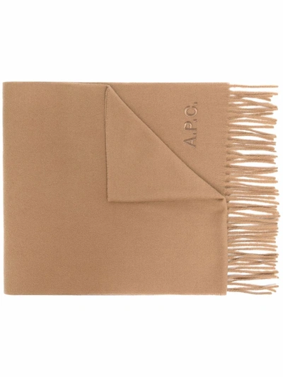Apc Logo-embroidered Virgin Wool Scarf In Braun