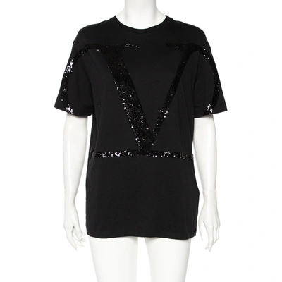 Pre-owned Valentino Black Cotton Vlogo Sequence Embellished T-shirt M
