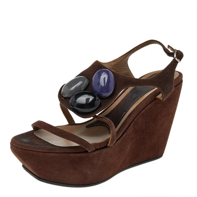 Pre-owned Marni Brown Suede Embellished Wedge Platform Ankle Strap Sandals Size 36