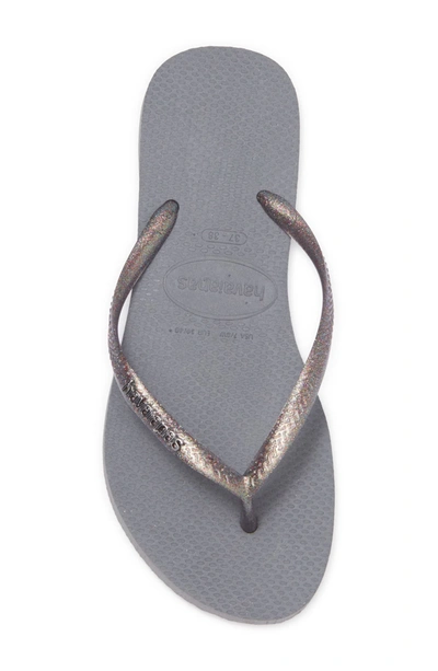 Shop Havaianas 'slim Logo' Metallic Flip Flop In Steel Grey/rainbow Grey