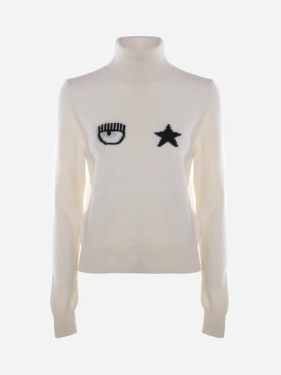 Shop Chiara Ferragni Wool Sweater With Eyestar Logo Detail In White