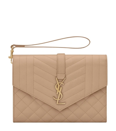 Shop Saint Laurent Quilted Leather Pouch In Beige