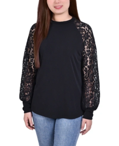 Shop Ny Collection Women's Knit Crepe With Long Lace Balloon Sleeves Top In Black