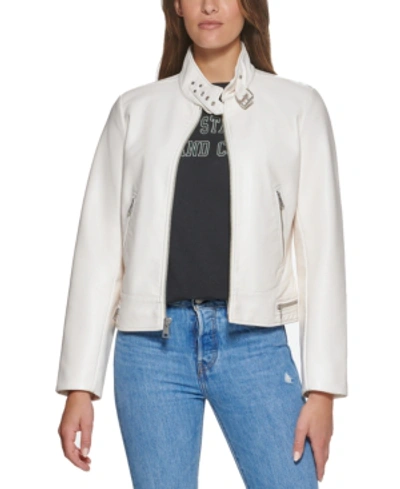 Shop Levi's Faux-leather Latch Collar Lined Moto Racer Jacket In Oyster