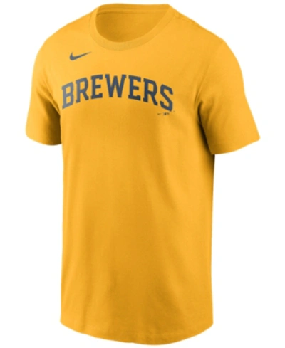 Shop Nike Milwaukee Brewers Men's Swoosh Wordmark T-shirt In Old Gold