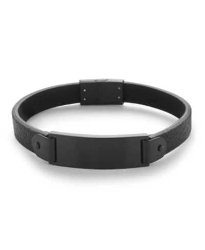 Shop Eve's Jewelry Men's Brushed Black Stainless Steel Leather Id Bracelet In Black Leather - Black Plate - Stainless Steel