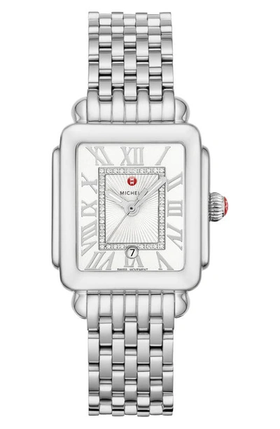 Shop Michele Deco Madison Mid Diamond Dial Bracelet Watch, 29mm X 31mm In Silver