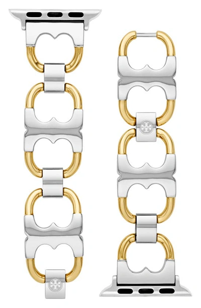 Shop Tory Burch Double-t Link 20mm Apple Watch® Watchband In Gold/ Silver