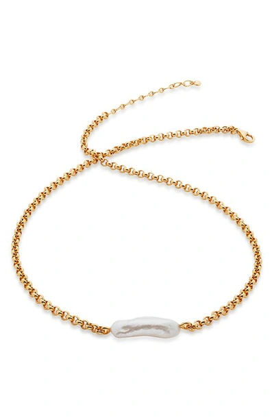 Shop Monica Vinader Nura Biwa Pearl Charm Necklace In Yellow Gold
