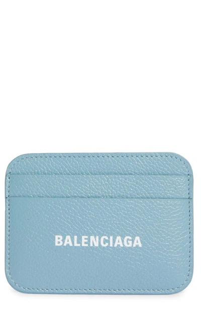 Shop Balenciaga Cash Logo Leather Card Holder In Blue Grey/ L White