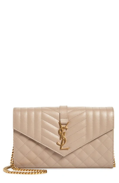 Shop Saint Laurent Envelope Quilted Pebbled Leather Wallet On A Chain In Dark Beige/ D.b./ D.b