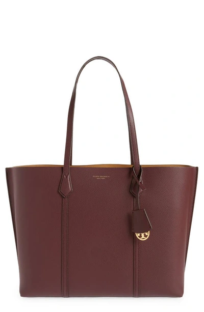 Shop Tory Burch Perry Triple Compartment Leather Tote In Dark Rhubarb