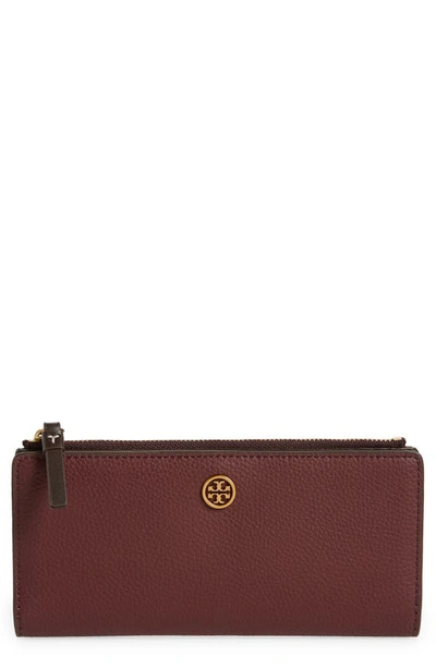 Shop Tory Burch Walker Slim Zip Wallet In Dark Rhubarb / Dark Gold