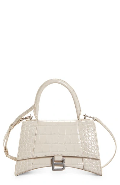 Shop Balenciaga Small Hourglass Croc Embossed Leather Top Handle Bag In Cold Beige