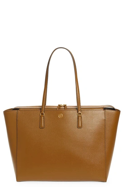 Shop Tory Burch Robinson Leather Tote In Bistro Brown