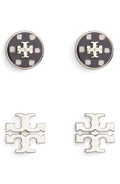 Shop Tory Burch Kira Set Of 2 Stud Earrings In Tory Silver / Navy Dot